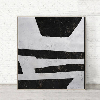 Room mockup. Uneven black horizontal strips and broad trapezoid shapes on a pale grey textured ground.