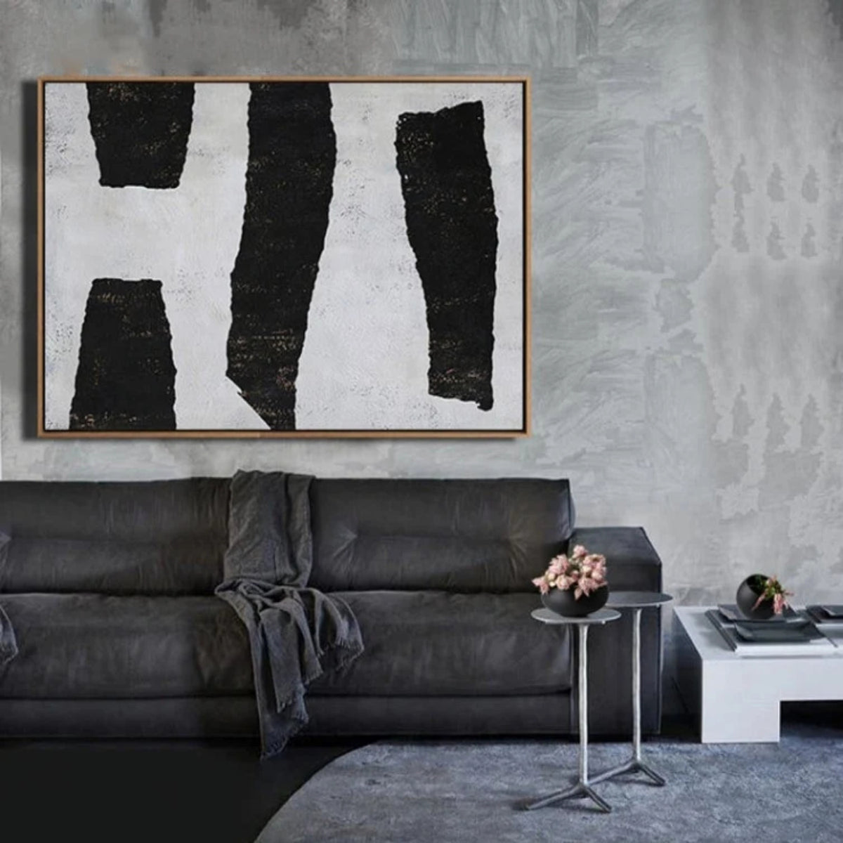 Room mockup. Four irregular black vertical bars stand against a white textured background.