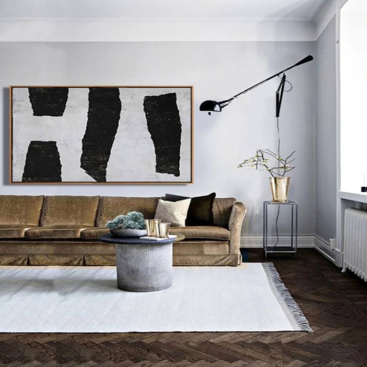 Room mockup. Four irregular black vertical bars stand against a white textured background.