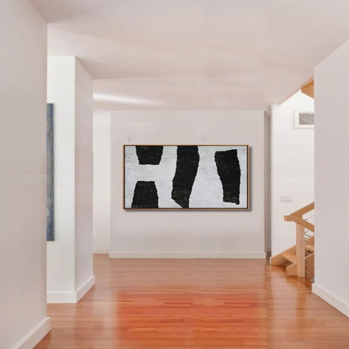 Room mockup. Four irregular black vertical bars stand against a white textured background.