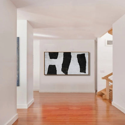 Room mockup. Four irregular black vertical bars stand against a white textured background.