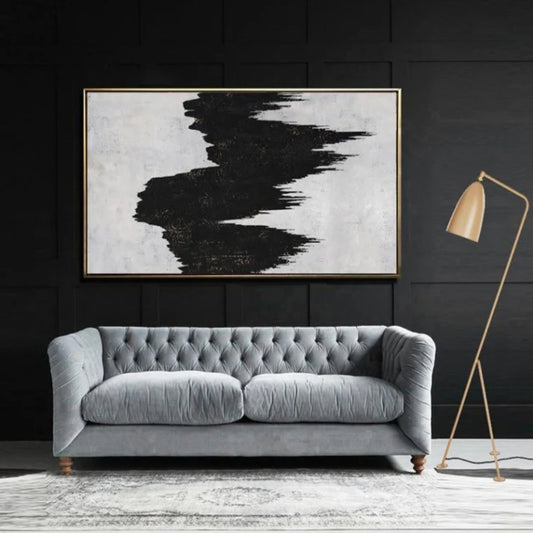 Room mockup. A wide jagged black band zigzags vertically across a pale grey textured ground.