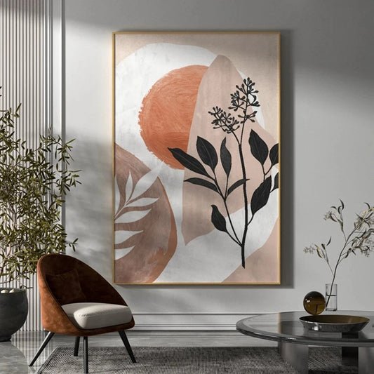 Room mockup showing black botanical stems and leaves over rounded terracotta, beige and white geometric shapes.