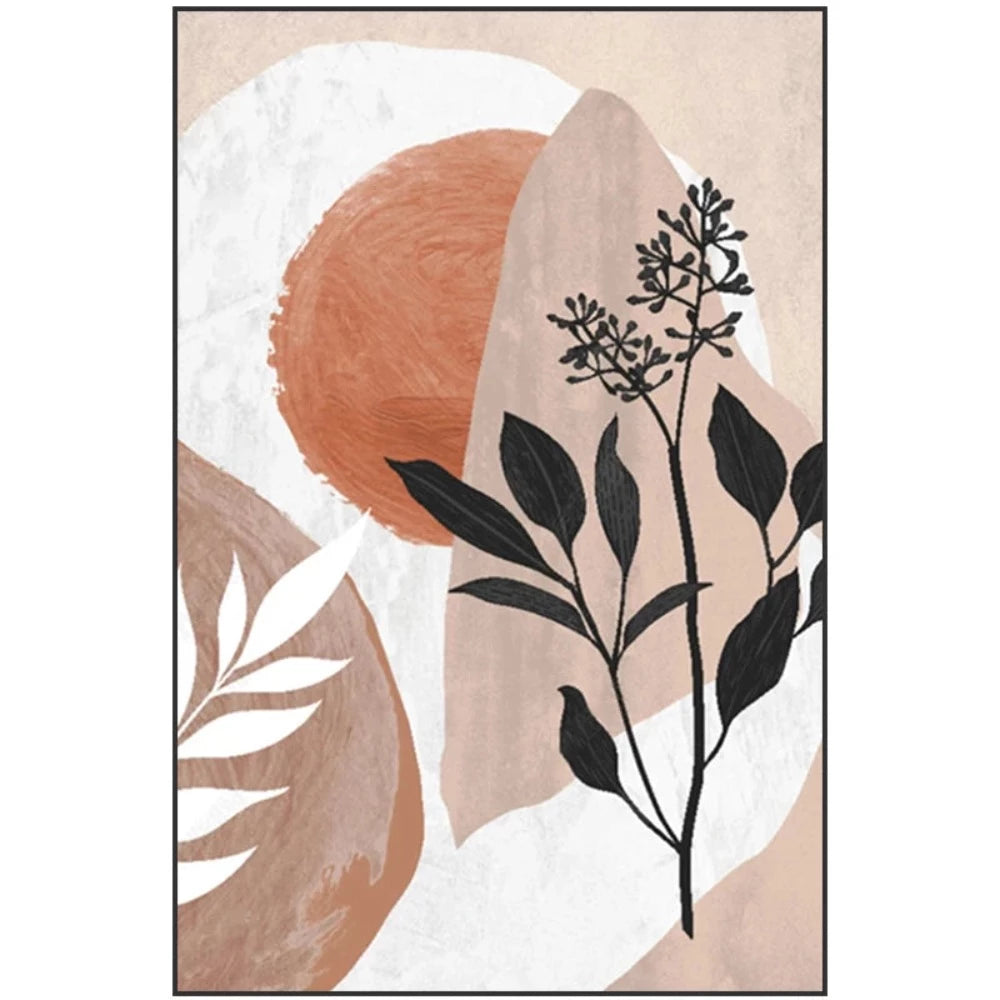 Black botanical stems and leaves over rounded terracotta, beige and white geometric shapes.