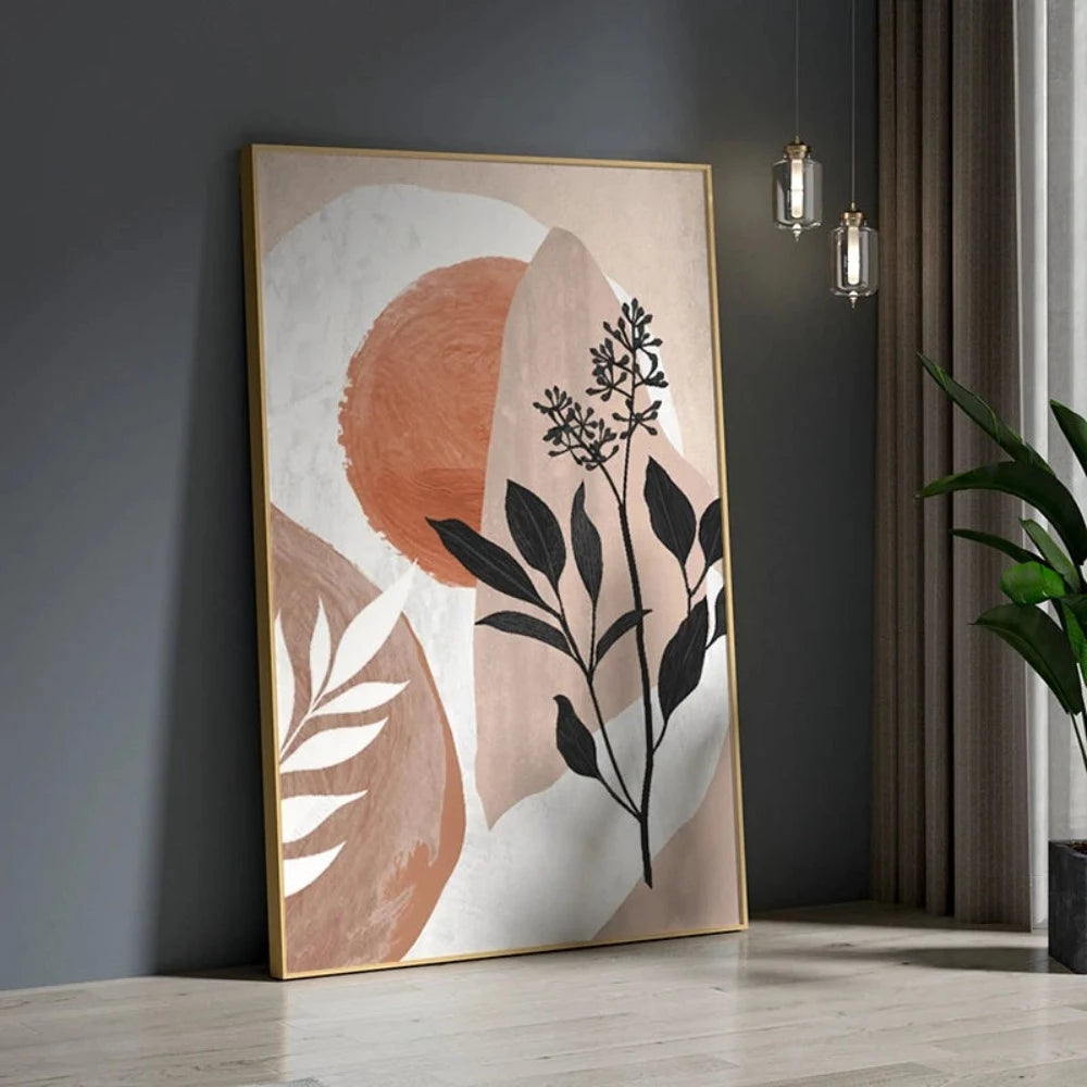 Room mockup showing black botanical stems and leaves over rounded terracotta, beige and white geometric shapes.