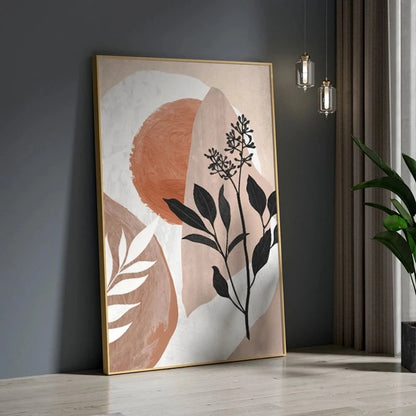 Room mockup showing black botanical stems and leaves over rounded terracotta, beige and white geometric shapes.