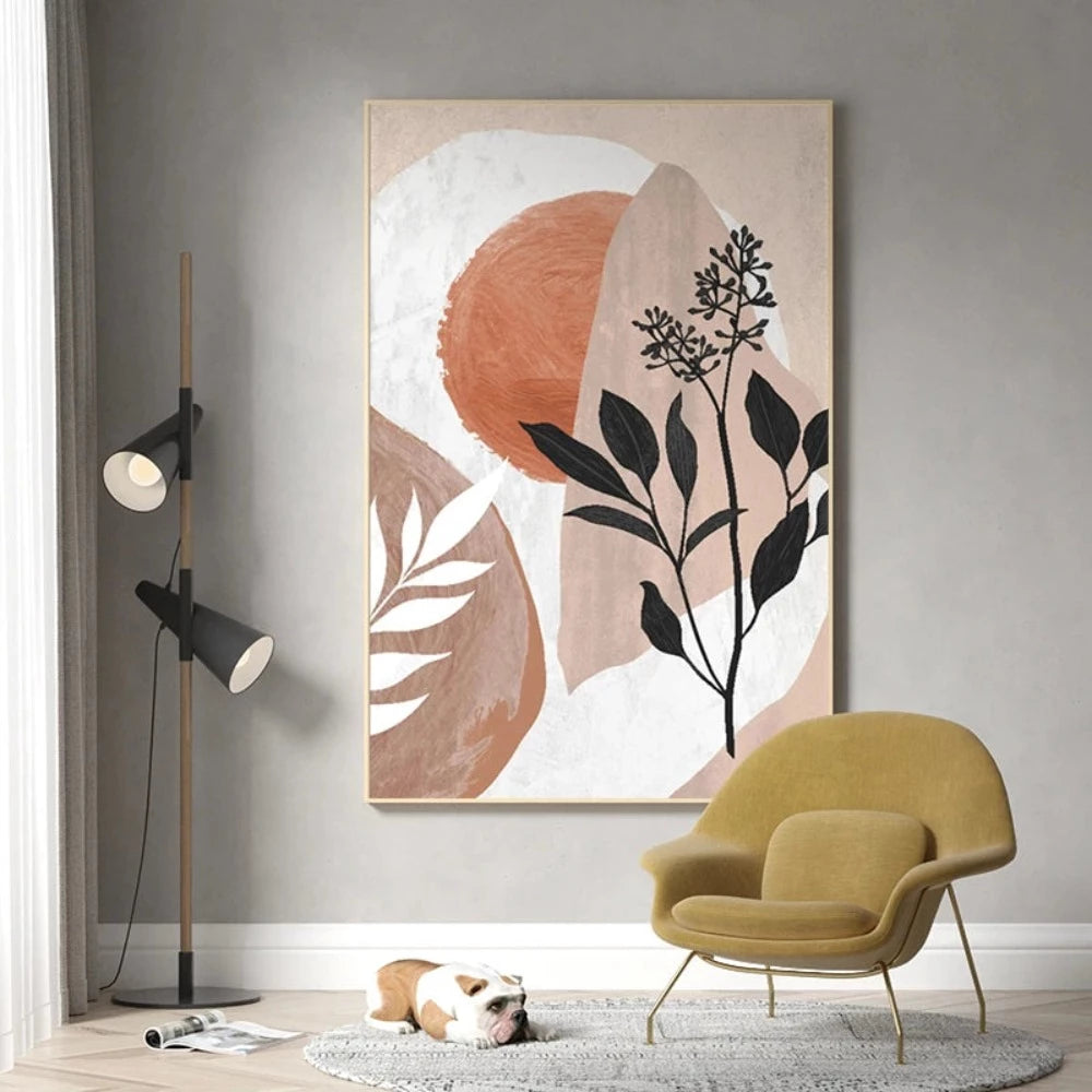 Room mockup showing black botanical stems and leaves over rounded terracotta, beige and white geometric shapes.