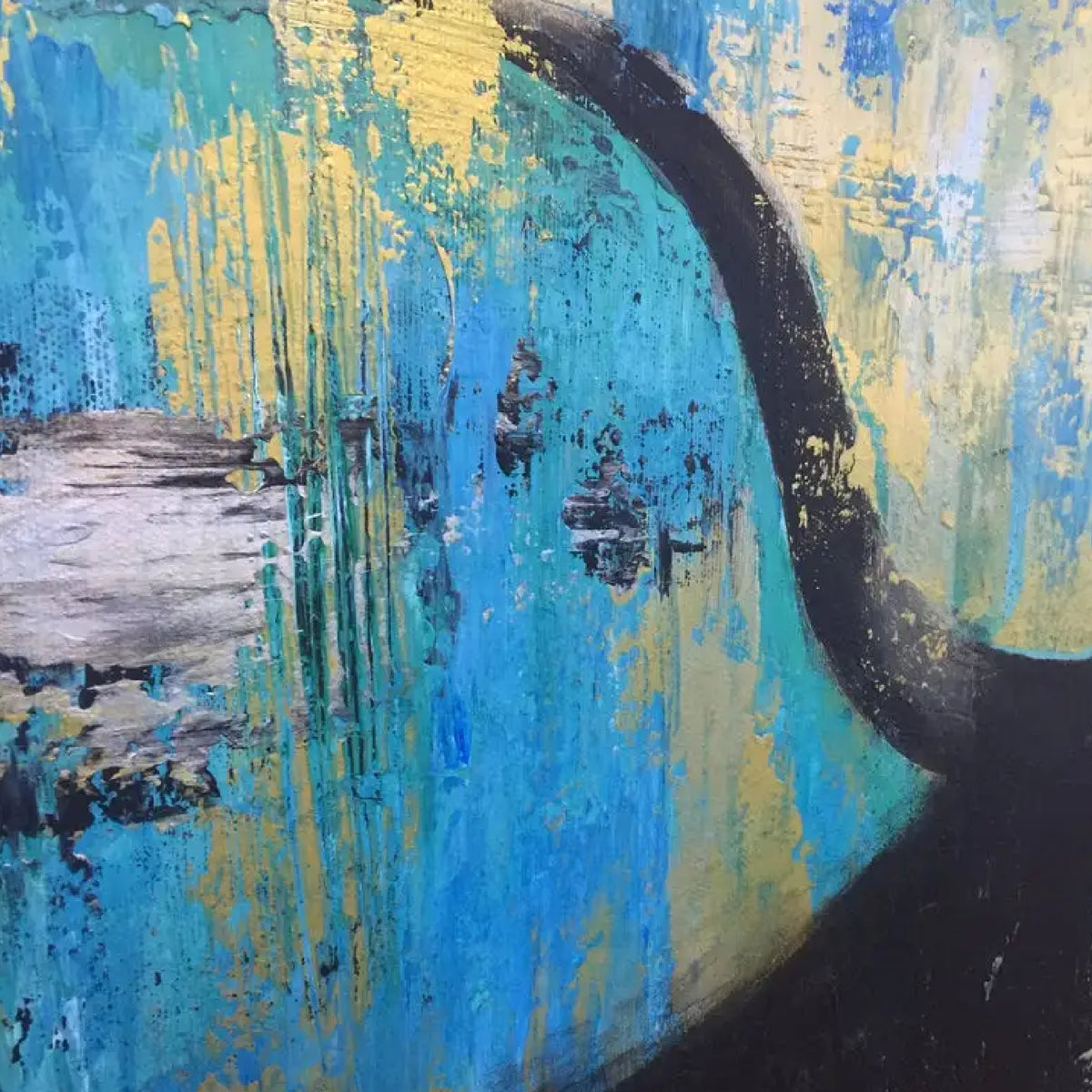 Close-up. A black longhorn bull silhouette with wide curved horns against a rough turquoise and yellow background.