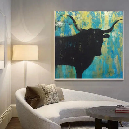 Room mockup. A black longhorn bull silhouette with wide curved horns against a rough turquoise and yellow background.