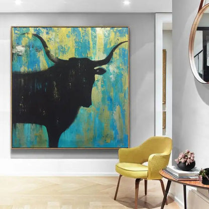 Room mockup. A black longhorn bull silhouette with wide curved horns against a rough turquoise and yellow background.