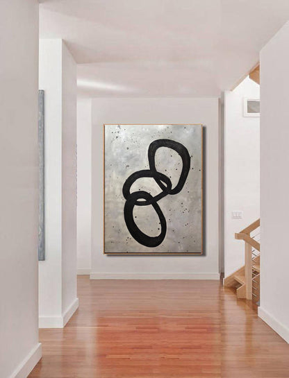 Minimalist Black Loop Abstract Painting – Hand-Painted Textured Grey Modern Canvas