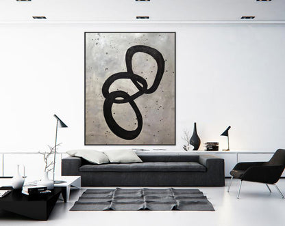 Minimalist Black Loop Abstract Painting – Hand-Painted Textured Grey Modern Canvas