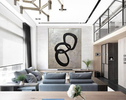 Minimalist Black Loop Abstract Painting – Hand-Painted Textured Grey Modern Canvas