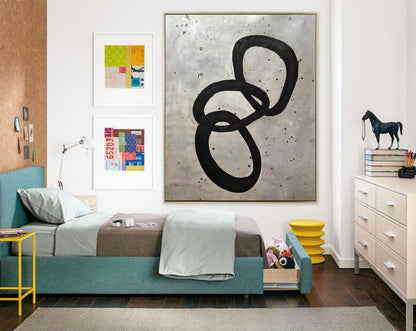 Minimalist Black Loop Abstract Painting – Hand-Painted Textured Grey Modern Canvas