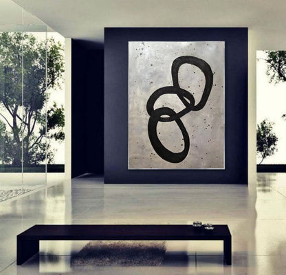 Minimalist Black Loop Abstract Painting – Hand-Painted Textured Grey Modern Canvas