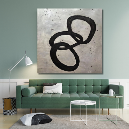 Minimalist Black Loop Abstract Painting – Hand-Painted Textured Grey Modern Canvas