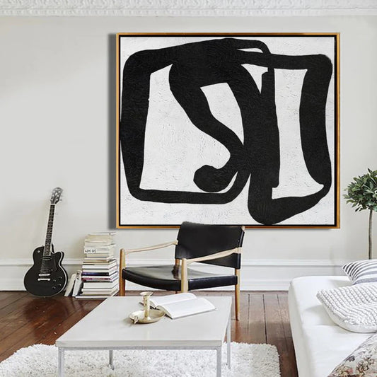 Room mockup. A thick black line loops into broad irregular angular shapes on a pale textured ground.