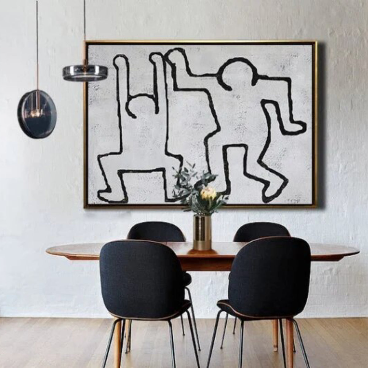 Room mockup. Two playful dancing figures drawn with continuous black outlines on a pale grey textured background.