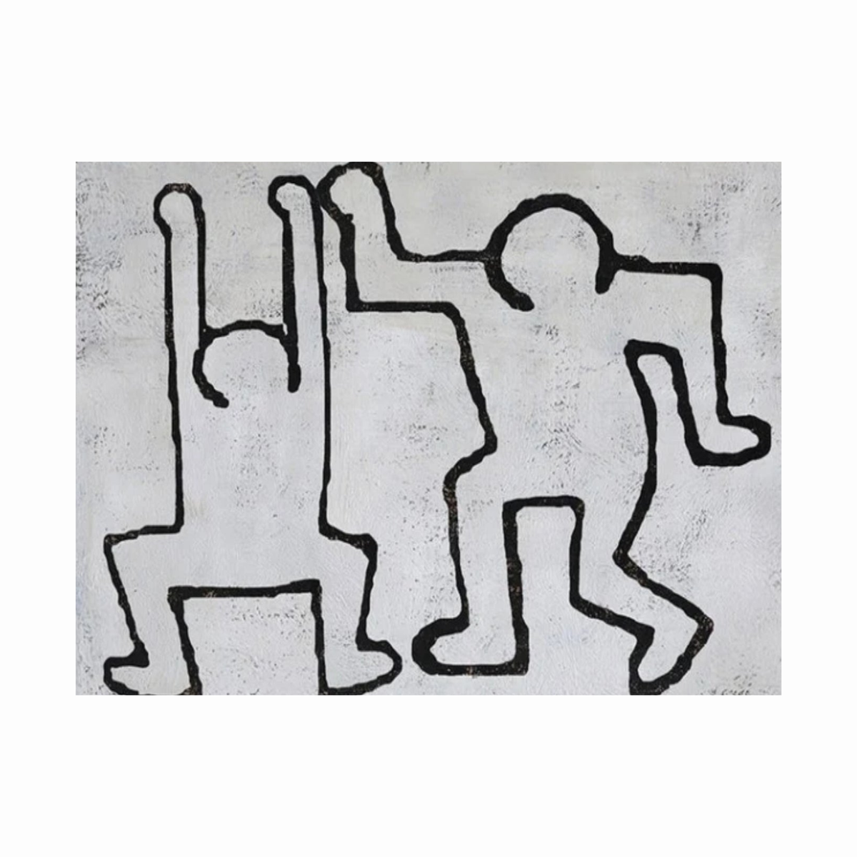 Two playful dancing figures drawn with continuous black outlines on a pale grey textured background.