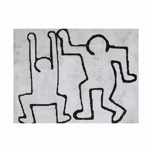 Two playful dancing figures drawn with continuous black outlines on a pale grey textured background.