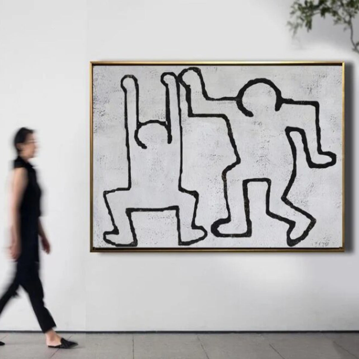 Room mockup. Two playful dancing figures drawn with continuous black outlines on a pale grey textured background.