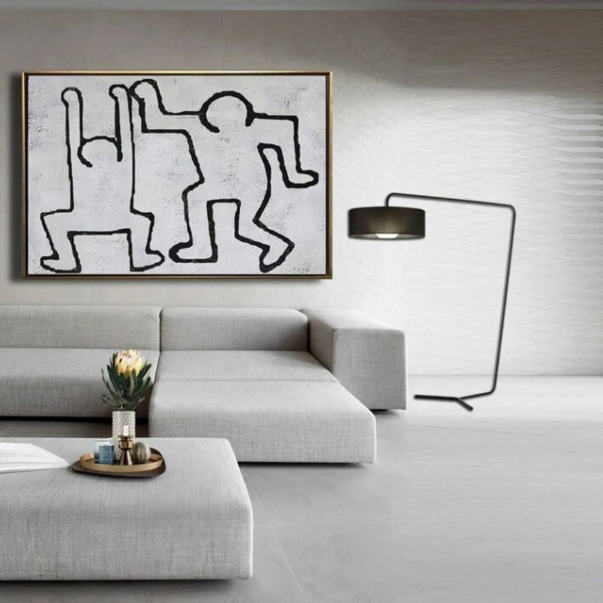 Room mockup. Two playful dancing figures drawn with continuous black outlines on a pale grey textured background.