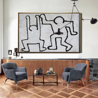 Room mockup. Two playful dancing figures drawn with continuous black outlines on a pale grey textured background.