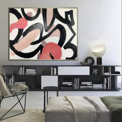 Room mockup. Sweeping black curves overlap pale pink, cream and coral-red rounded patches with visible brush texture.
