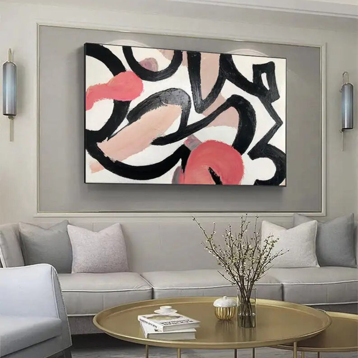 Room mockup. Sweeping black curves overlap pale pink, cream and coral-red rounded patches with visible brush texture.