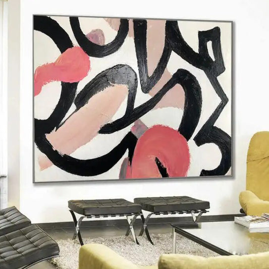 Room mockup. Sweeping black curves overlap pale pink, cream and coral-red rounded patches with visible brush texture.