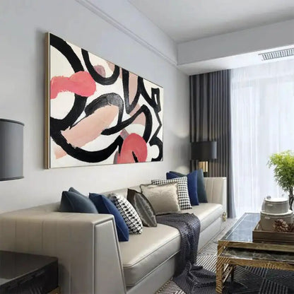 Room mockup. Sweeping black curves overlap pale pink, cream and coral-red rounded patches with visible brush texture.