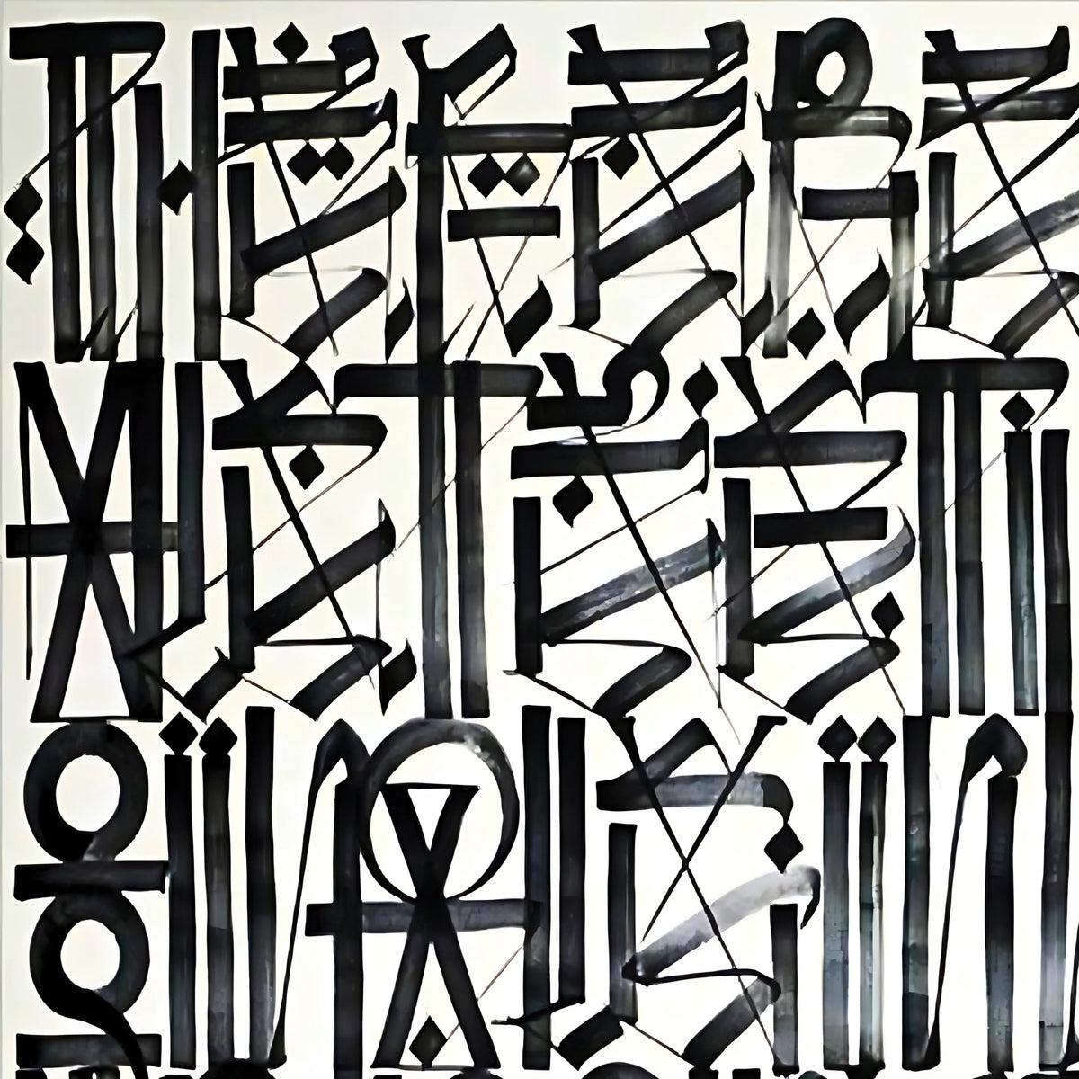 Close-up of dense black geometric symbols and stylised letterforms over a cream ground with fine sweeping lines.
