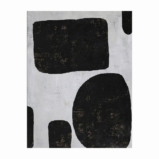 Abstract art piece with black shapes on a light gray background