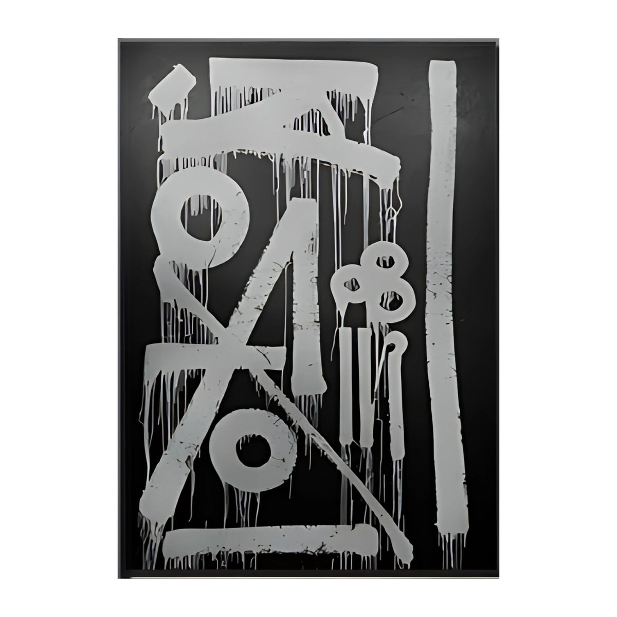 Artwork showing silver-grey abstract glyphs with long paint drips over a black ground.