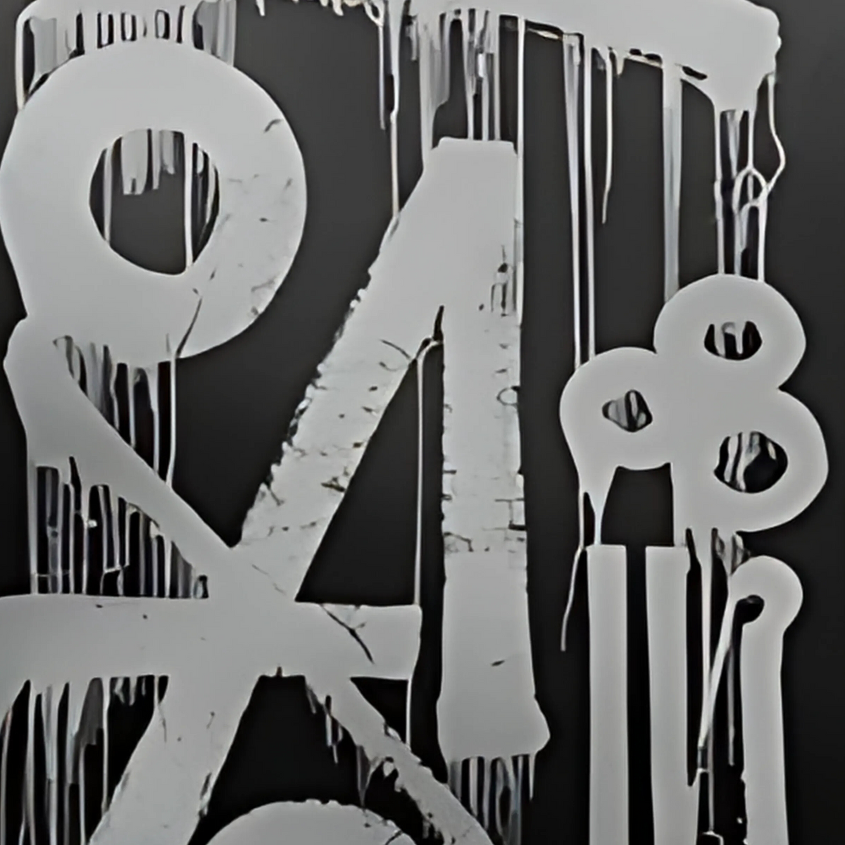 Close-up of silver-grey abstract glyphs and long paint drips on black.
