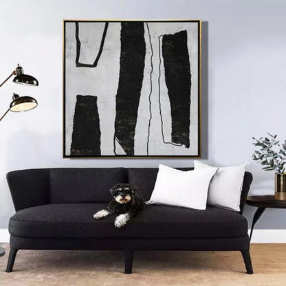 Room mockup. Uneven black vertical bars and fine outlined strips on a pale grey textured background.