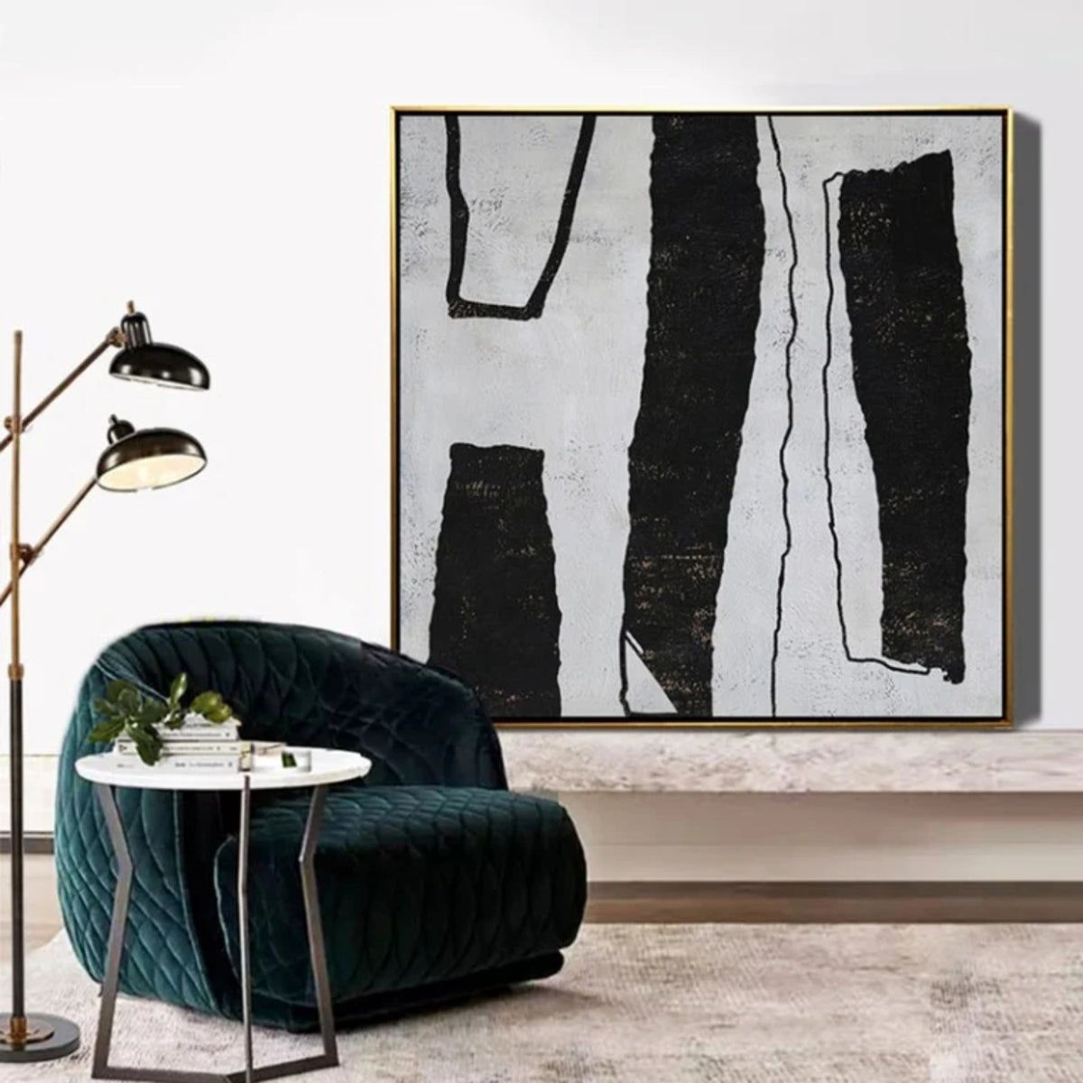 Room mockup. Uneven black vertical bars and fine outlined strips on a pale grey textured background.