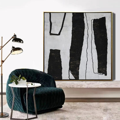Room mockup. Uneven black vertical bars and fine outlined strips on a pale grey textured background.