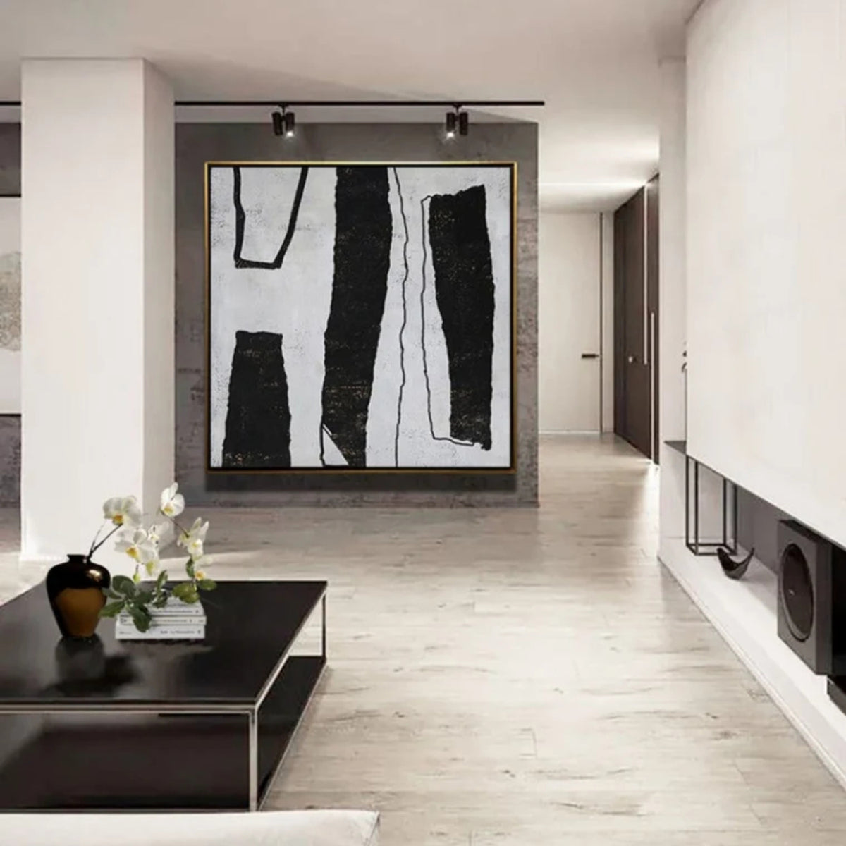 Room mockup. Uneven black vertical bars and fine outlined strips on a pale grey textured background.