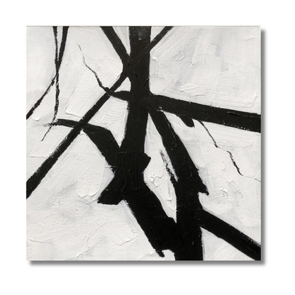 Abstract black and white painting with bold strokes.