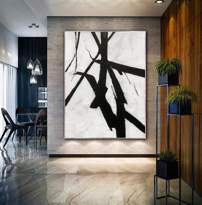 Black & White Minimalist Brushstroke Painting – Modern Abstract Canvas Wall Art