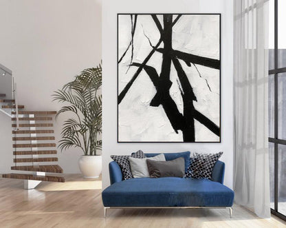 Black & White Minimalist Brushstroke Painting – Modern Abstract Canvas Wall Art