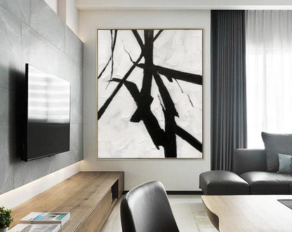 Black & White Minimalist Brushstroke Painting – Modern Abstract Canvas Wall Art