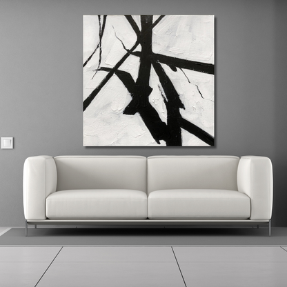 Black & White Minimalist Brushstroke Painting – Modern Abstract Canvas Wall Art