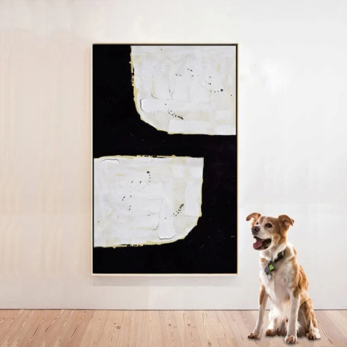 Room mockup. A broad black angular shape separates two irregular white blocks, with fine gold-coloured edges and visible texture.