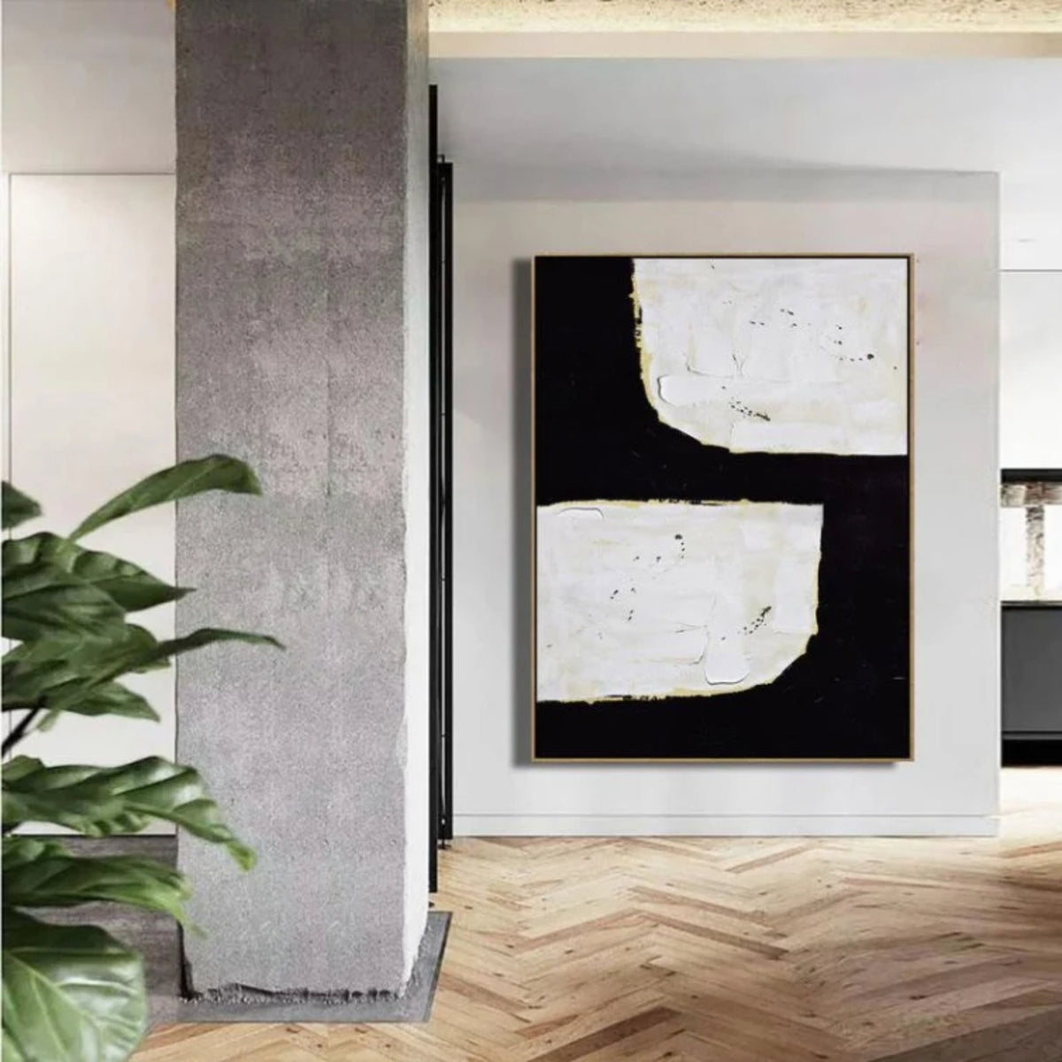 Room mockup. A broad black angular shape separates two irregular white blocks, with fine gold-coloured edges and visible texture.