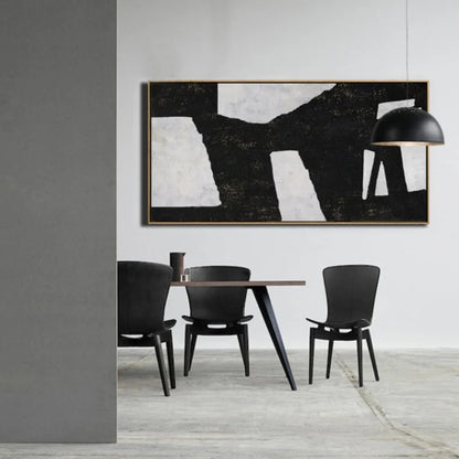 Room mockup. Broad black angular bands stretch horizontally across pale grey shapes with narrow light openings at the right.
