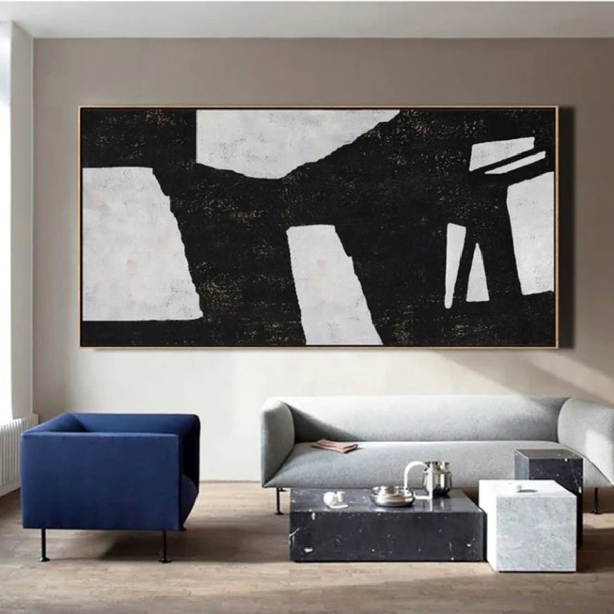 Room mockup. Broad black angular bands stretch horizontally across pale grey shapes with narrow light openings at the right.