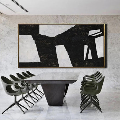 Room mockup. Broad black angular bands stretch horizontally across pale grey shapes with narrow light openings at the right.