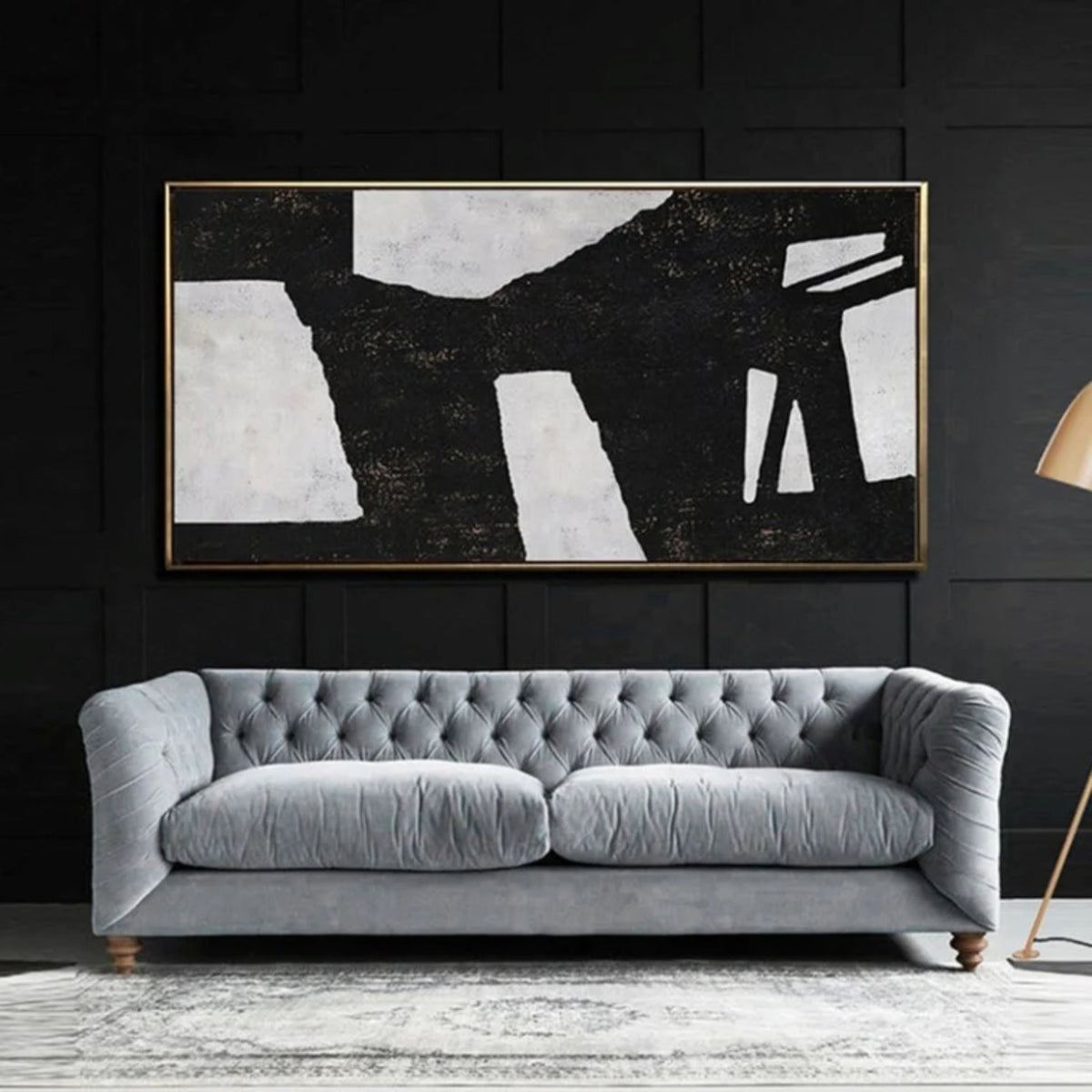 Room mockup. Broad black angular bands stretch horizontally across pale grey shapes with narrow light openings at the right.